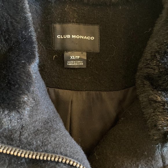 Club Monaco black wool Rocio coat / jacket, funnel neck, faux fur collar 2 looks - Picture 10 of 12